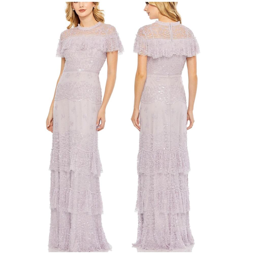 Mac Duggal NWT High Neck Ruffle Layer Straight Silhouette Beaded Dress Size 18